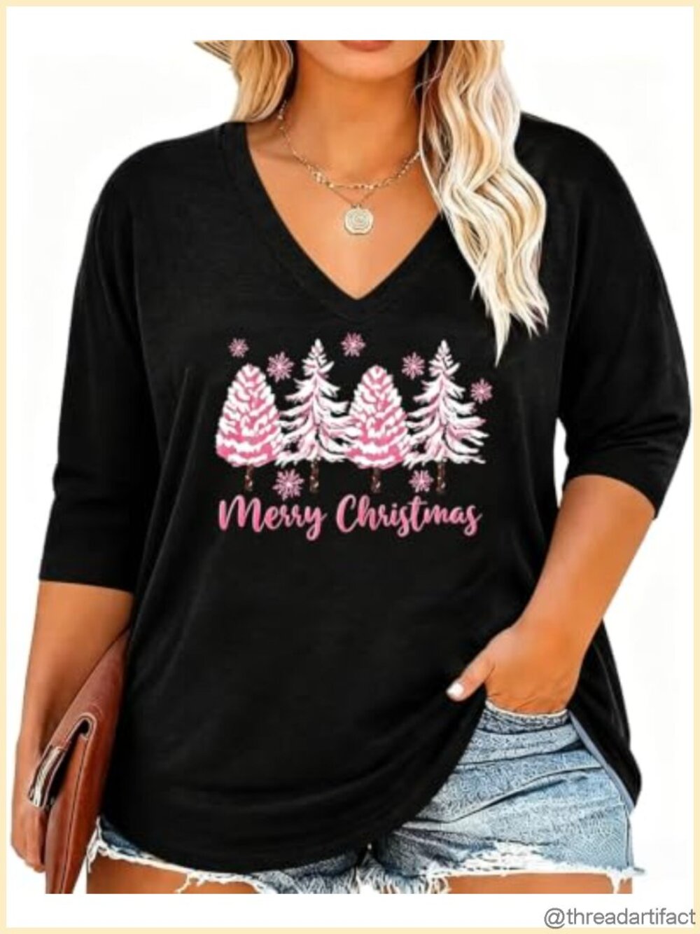 Womens Christmas V Neck 3/4 Sleeve Holiday Graphic Tee Shirt